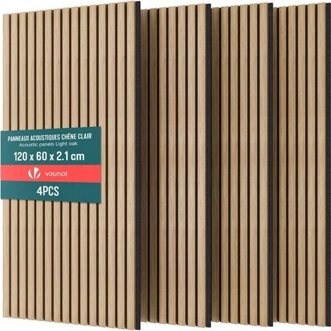 VOUNOT® Set da 4 Pannelli Fonoassorbenti 120x60x2,1 cm in MDF con Feltro di Poliestere Ignifugo, Rovere Chiaro