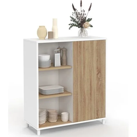 Credenza EASY 70 cm - facile da montare senza attrezzi - 3 ripiani e 1 anta scorrevole reversibile in bianco e legno