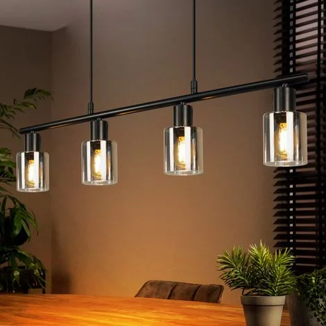 Lampada sospesa GBLY a 4 fiamme: lampada sospesa vintage, lampada sospesa industriale nera in vetro, socchetto E14, lampada per la sala da pranzo, lampada sospesa retrò per sala da pranzo