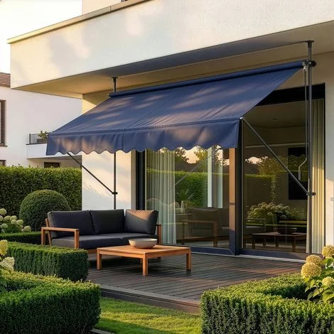 Tenda da Sole a Muro con Pali di Supporto Telescopici Parasole 250 x 120 cm (LxP) Blu Scuro pro.tec