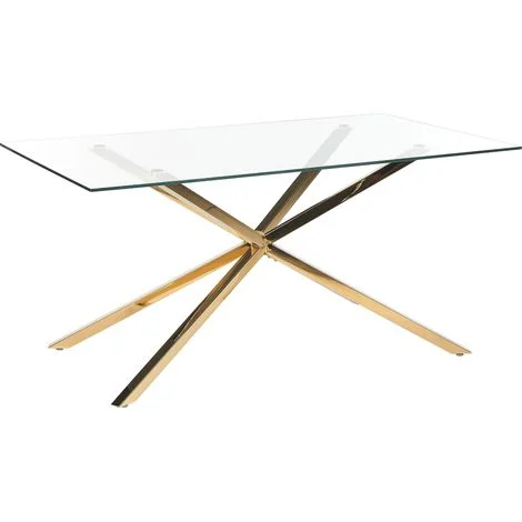 Tavolo da pranzo rettangolare con piano in vetro temperato trasparente 160 x 90 cm gambe in oro Cora