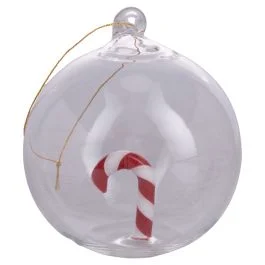 Pallina natalizia in vetro borosilicato, decorazione interna bastoncino di zucchero 3D, Xmas