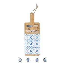 Set tagliere e 2 coltelli da formaggio, in legno di bambù, decoro maiolica, 15x42cm, Sibilla
