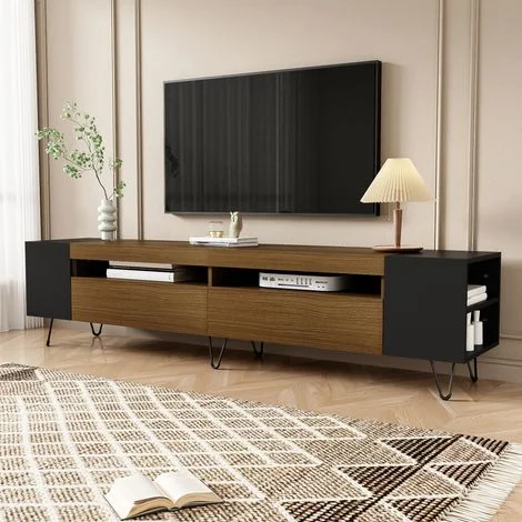 Mobile TV moderno 180x36x43 cm, scomparti laterali e frontali, design unico a blocchi di colore, marrone + nero