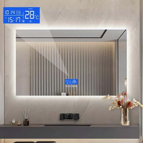 Specchio da bagno rettangolare con LED, funzione antiappannamento, temperatura, ora, data, retroilluminazione, senza cornice, interruttore touch - 100x60 cm