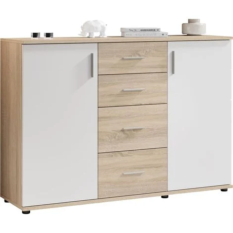 Credenza Soggiorno Rovere Bianco 120x35x82 cm 2 Ante 4 Cassetti