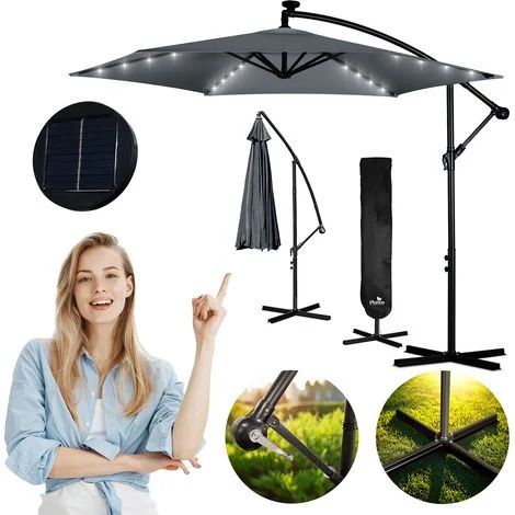 Ombrellone da giardino pieghevole, 6 sezioni, 350 cm, con copertura e luci, Plonos PL-882