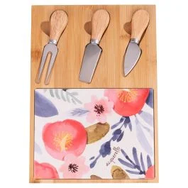 Set tagliere e 3 coltelli da formaggio, in legno di bambù, decoro floreale in ceramica, 30,5x21,5 cm