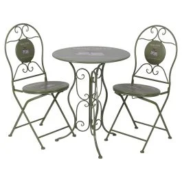 Set tavolo e 2 sedie pieghevoli da esterno in ferro, decoro con scritta pausa caffè, verde, Esté