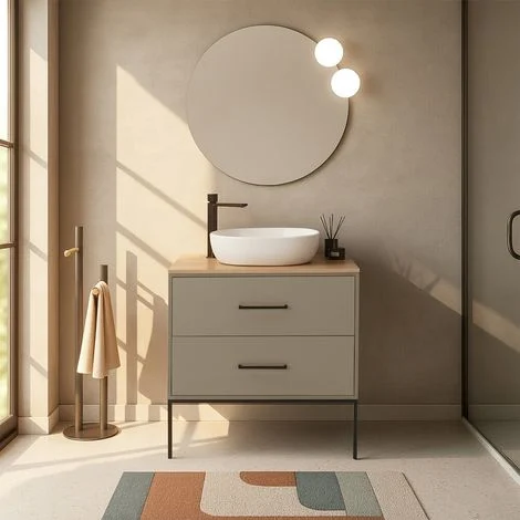 Mobile bagno sospeso 80cm tortora con due cassetti e specchio Brik