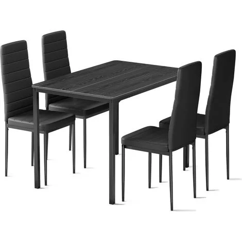 Set da Pranzo de 4 Sedie Bealife con 1 Tavolo 110 x 70 x 76 cm e 4 Sedie in Pelle con Struttura in Metallo Nero