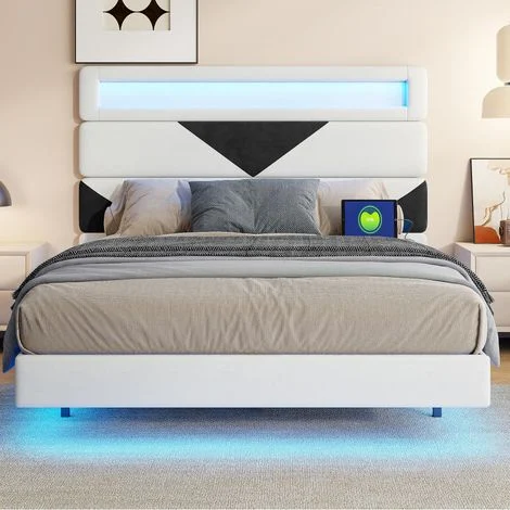 Letto matrimoniale 160x200 cm - Letto imbottito con testiera modulabile, doppia illuminazione LED e stazione di ricarica USB/Type-C - Velluto, Beige