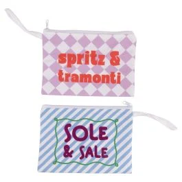 Pochette mare in tessuto, decoro con scritta, More Amor