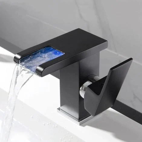 Rubinetti per lavabo, rubinetto per lavabo a cascata LED, rubinetto per lavabo a maniglia singola, cambio colore RGB azionato dal flusso d'acqua, rubinetti per lavabo/nero