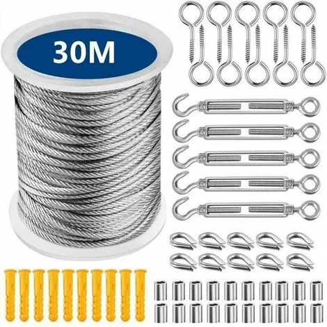 [MAI UTILIZZATO]Kit di funi sospese in acciaio inossidabile da 30 metri, fune in acciaio inossidabile 304 con tenditore e ganci - INHHUB