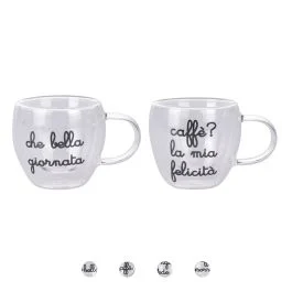 Set 2 tazzine caffè 80 ml con manico in vetro borosilicato incamiciato, Pensieriny