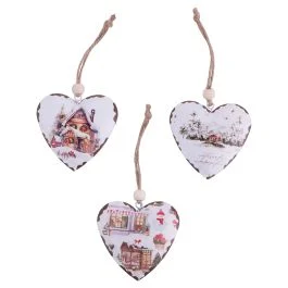 Set 3 appendini cuore natalizi 6,5 cm in metallo, cordino in juta, Winter Village
