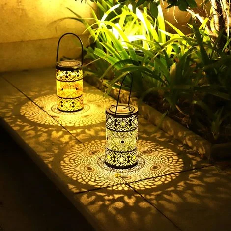 Lanterne solari da esterno, set di 2 luci solari da giardino in metallo, luci solari da esterno