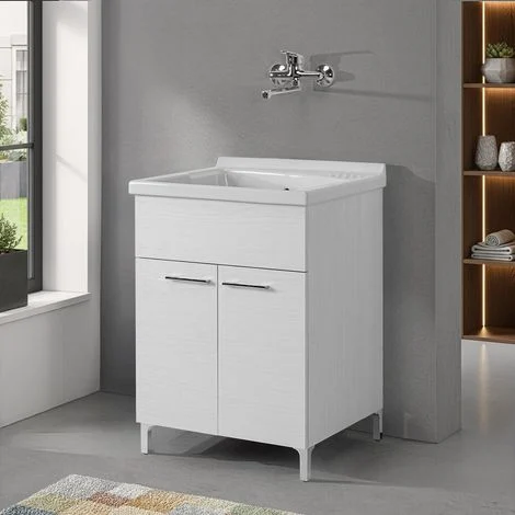 Mobile lavatoio 60x60cm bianco frassino con due ante e vasca in ceramica Revine