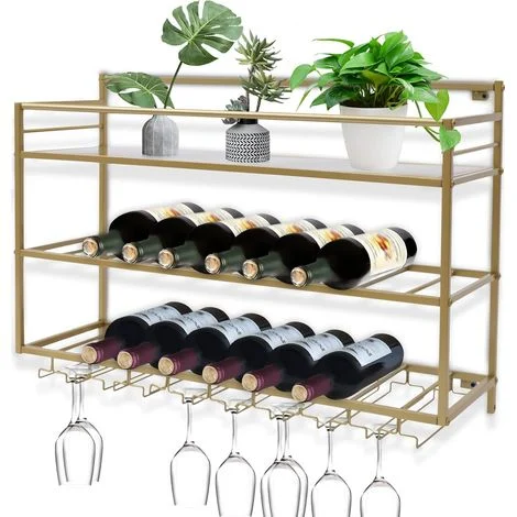 Portabottiglie da parete con portabicchieri a 3 ripiani - Portabottiglie dorato - Portabottiglie in metallo - Scaffale moderno per vino - 25 x 80 x 55 cm - Portabicchieri da cucina