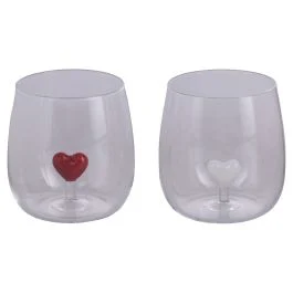 Set 2 bicchieri 450 ml in vetro borosilicato, cuore interno in 3D, Cuoricini