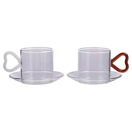 Set 2 tazzine 120 ml con piattino in vetro borosilicato, Cuoricini