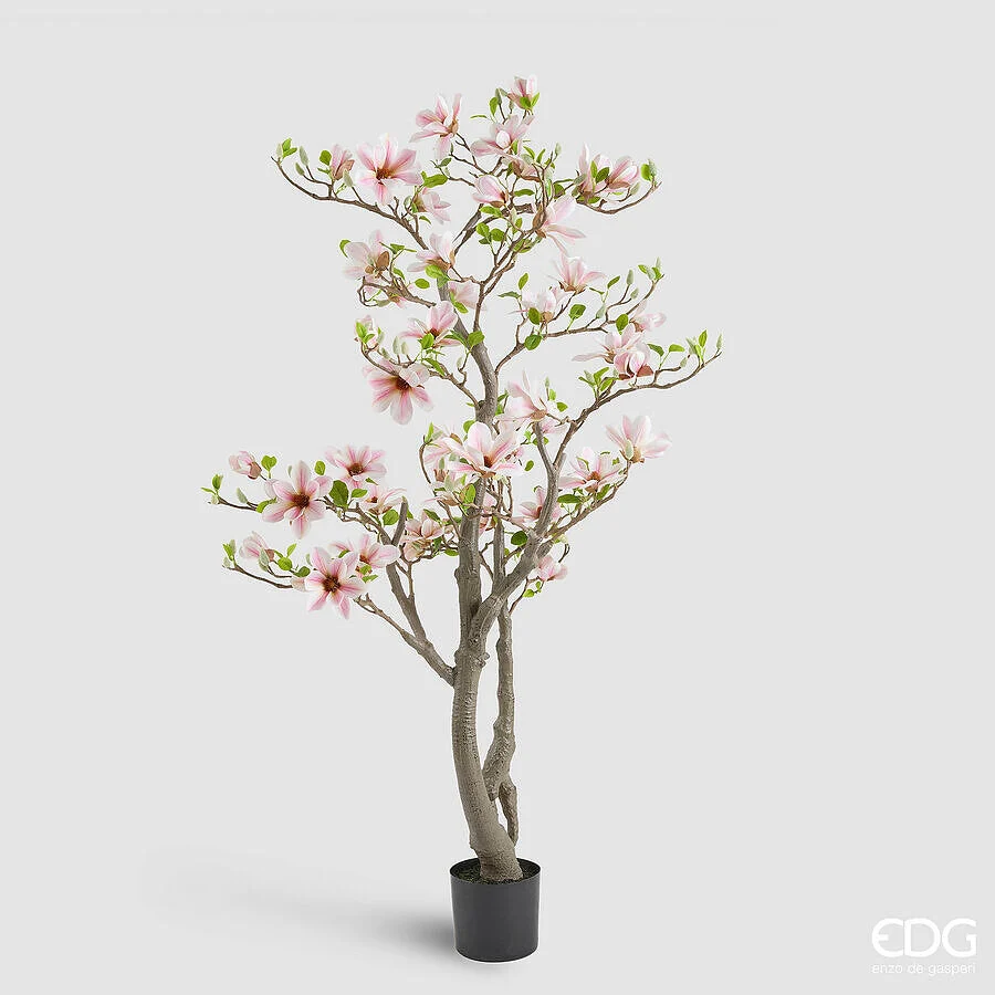 EDG Enzo De Gasperi Magnolia con Foglie, Bocciolo e Vaso H 180 Cm Pianta Artificiale Bianco Rosa