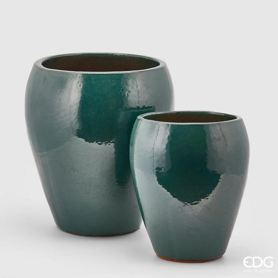 EDG Enzo De Gasperi Set 2 Pz Vaso Glaze Bombato H 42 Cm H 32 Cm Waterproof Verde Scuro