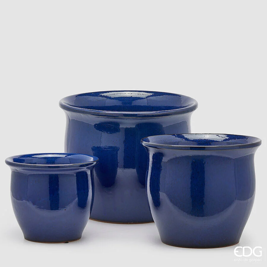 EDG Enzo De Gasperi Set 3 Vasi Cachepot Bombato Blu Ceramica 32 cm