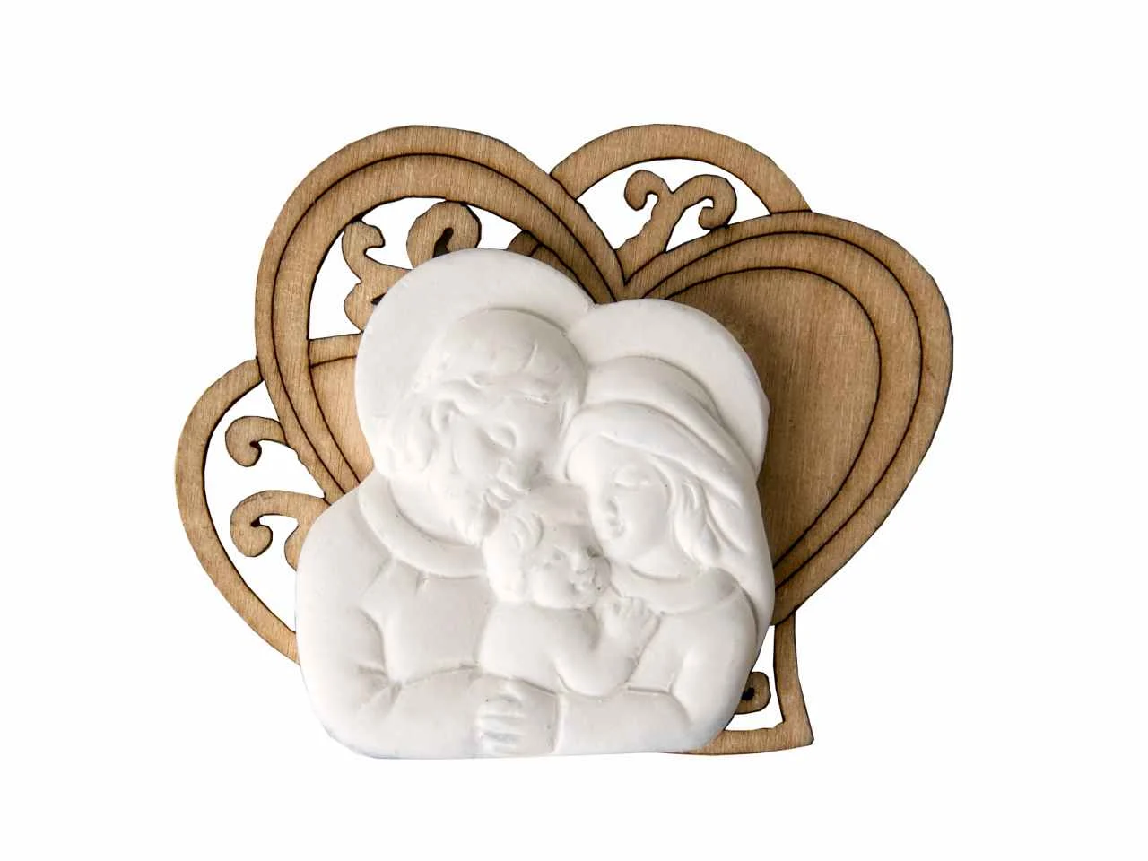 Etm Cuore Legno Sacra Famiglia Gesso Naturale 5,5 cm 12 pz