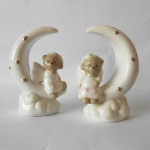 Etm Orsetto Angelo Luna Rosa Ceramica Bomboniera Battesimo Nascita 11 cm