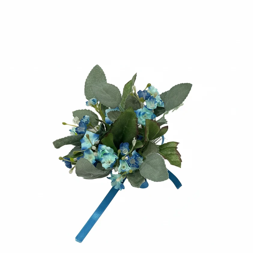 Portacandela Decorazione Fiori Blu Foglie Artificiali