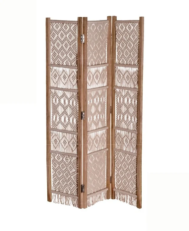 Ad Trend Paravento 3 Ante in Cotone e Legno 123 x 180 Cm Beige – Separè Pieghevole per Interni