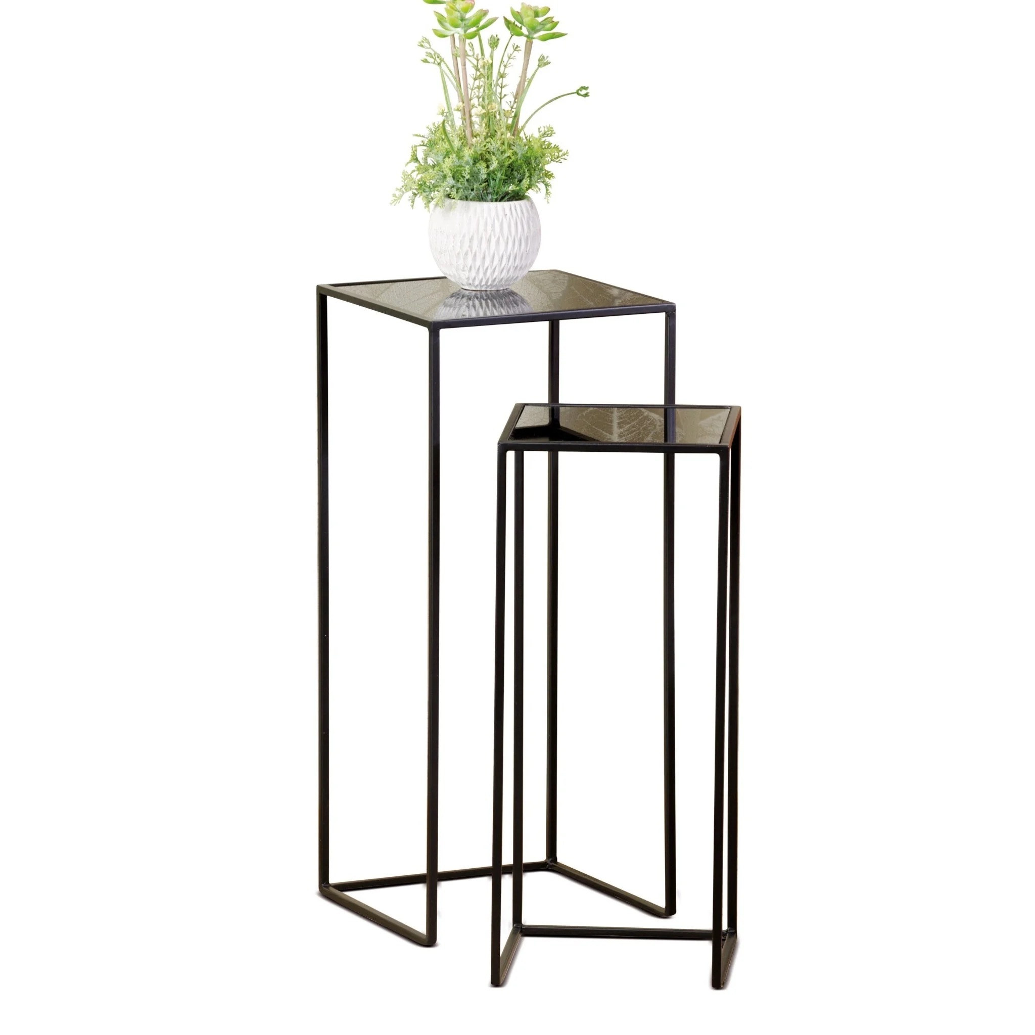 Ad Trend Set 2 Tavolini Quadrati Ferro Nero e Vetro H 60 / 70 Cm – Tavoli Moderni Salotto