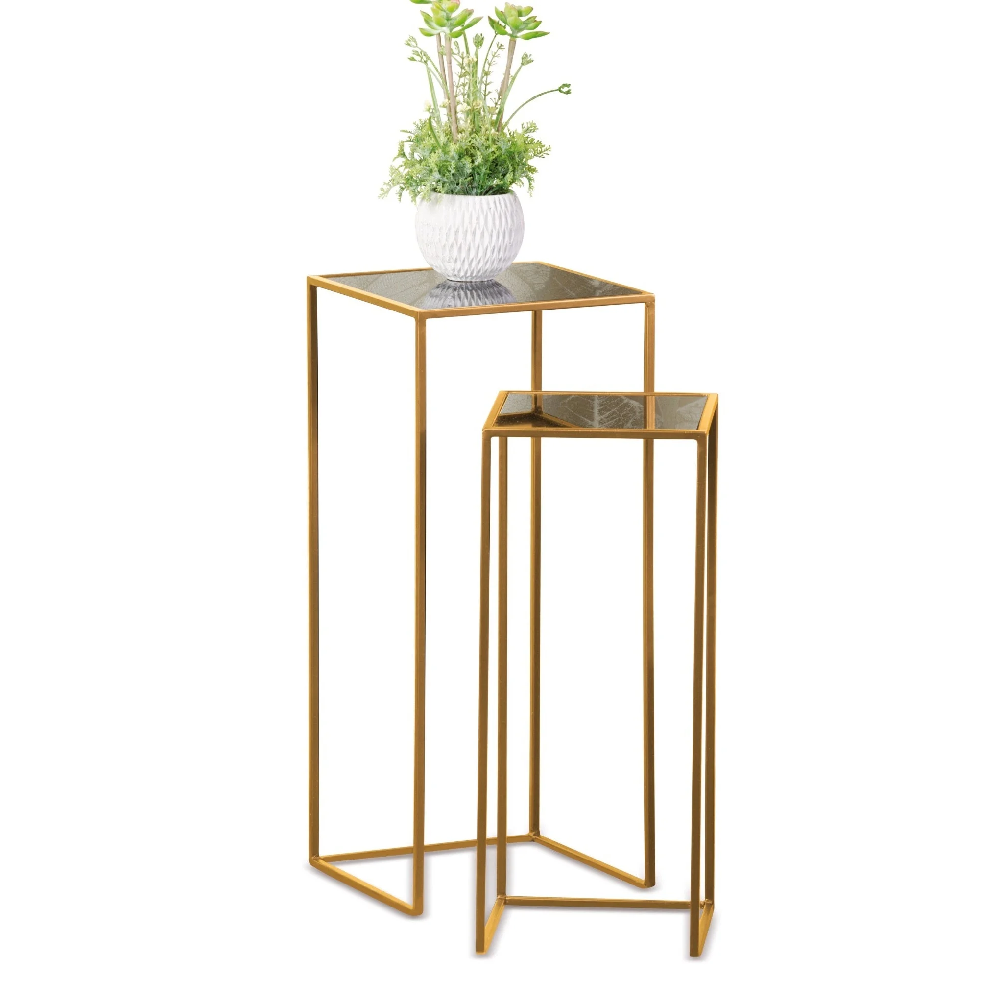 Ad Trend Set 2 Tavolini Quadrati in Ferro Oro e Vetro H 60 / 70 Cm – Tavoli Moderni Salotto