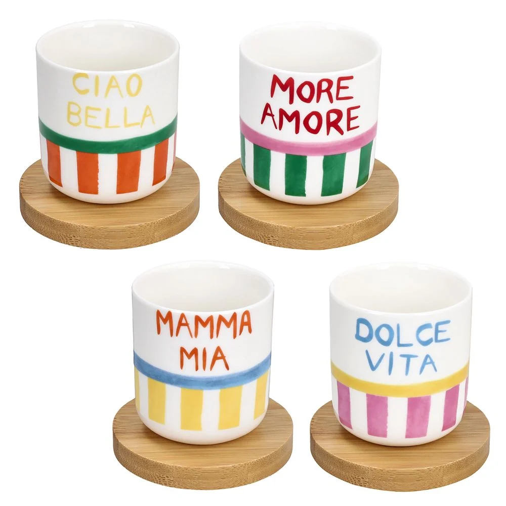 Tognana Set 4 Bicchieri Caffé con Piatto Viva L'Italia 110 Cc New Bone China Multicolor