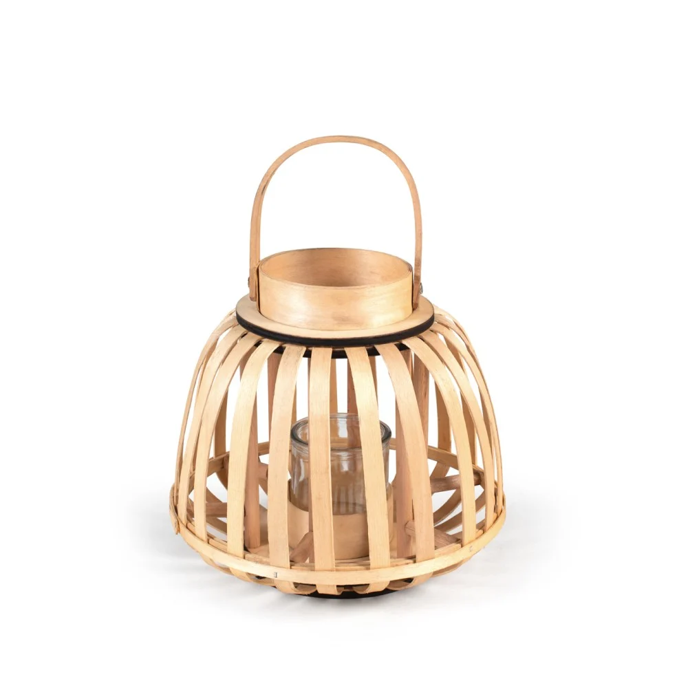 Lanterna Bambù con Portacandela in Vetro – H&H 26x24 cm