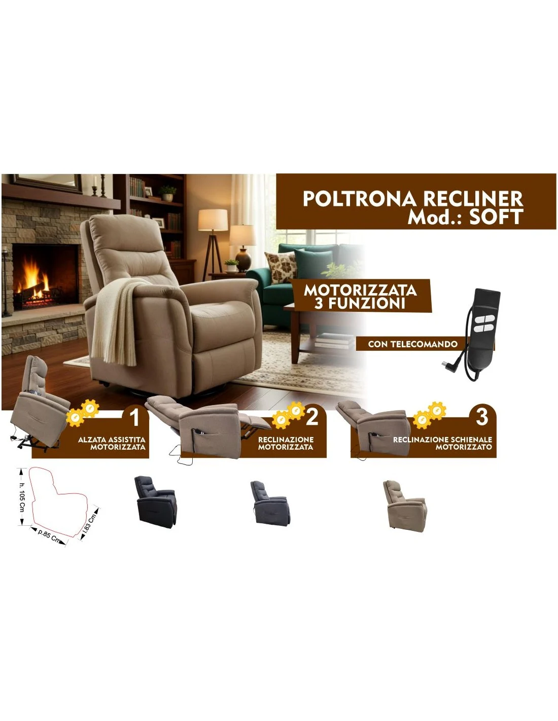 POLTRONA RECLINER MOTORIZZATA SOFT CON RIVESTIMENTO TESSUTO COLORE BEIGE
