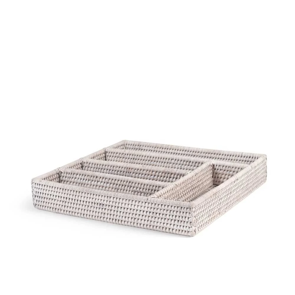 Porta Posate in Rattan Bianco 5 Scomparti 34x32x6 cm