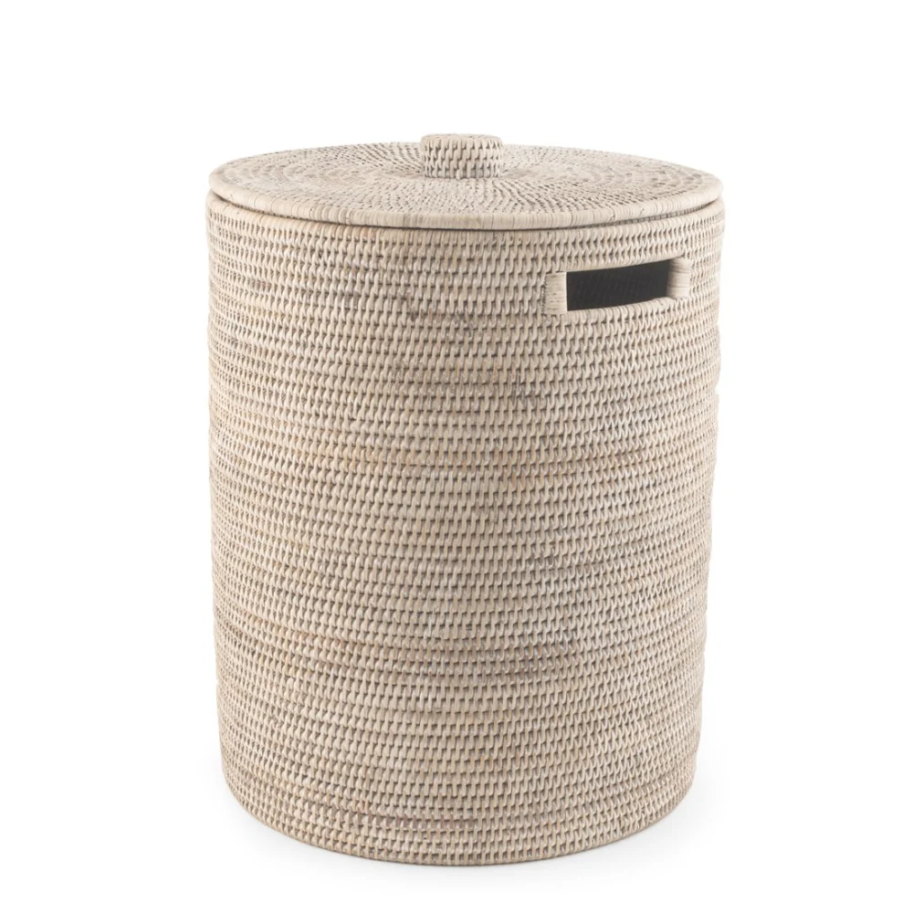 Portabiancheria H&H in Rattan Bianco con Coperchio 40x50 cm