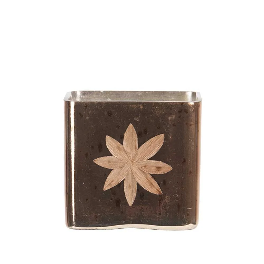 Portacandela Vetro Metallo Oro Marrone 7x7x9 cm