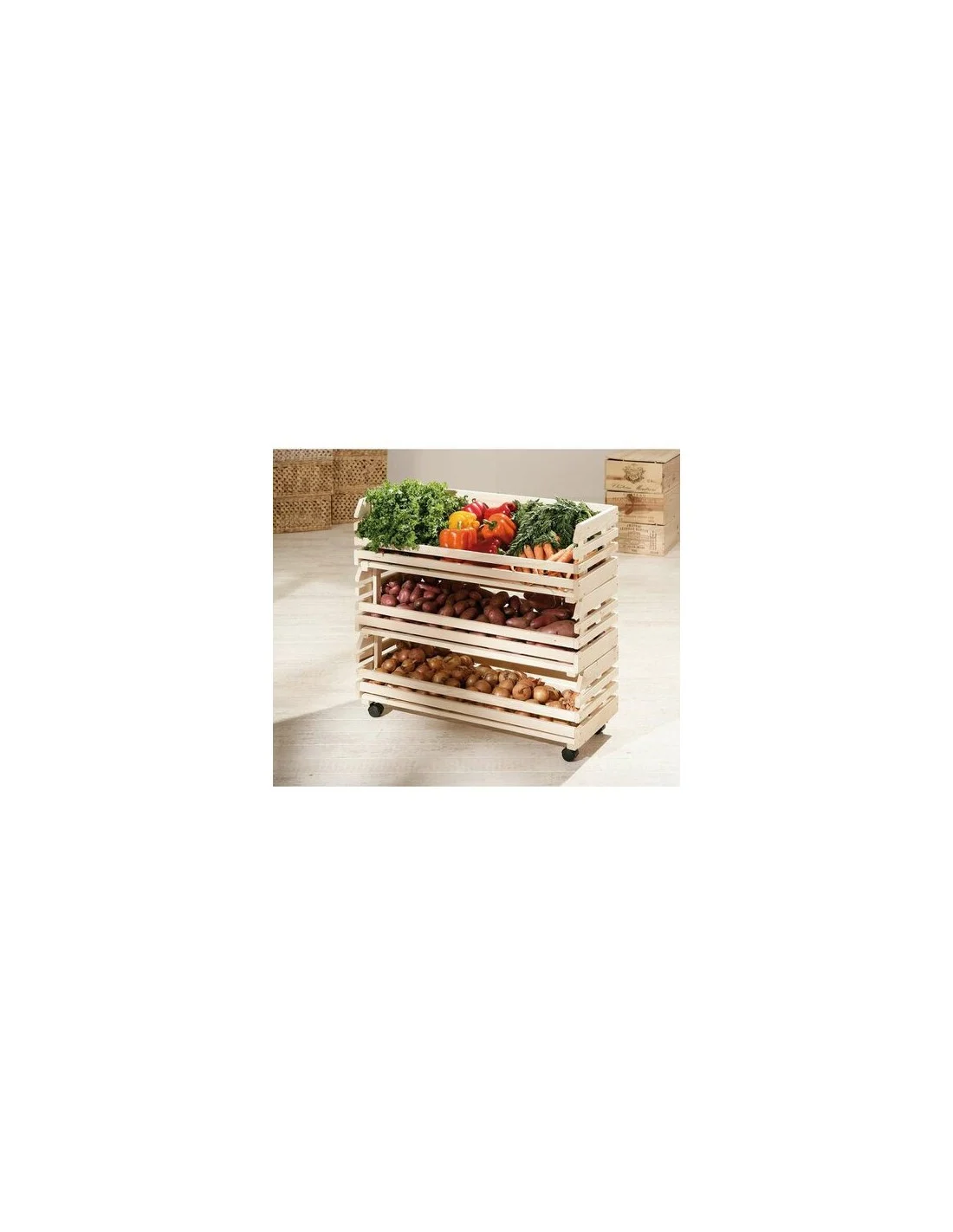 CARRELLO PORTAFRUTTA IN LEGNO DI PINO CON RUOTE 80X79X30CM