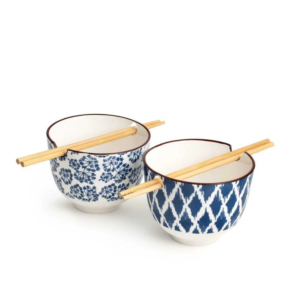 Set 2 Bowl Seta Porcellana Blu e Avorio + Bacchette