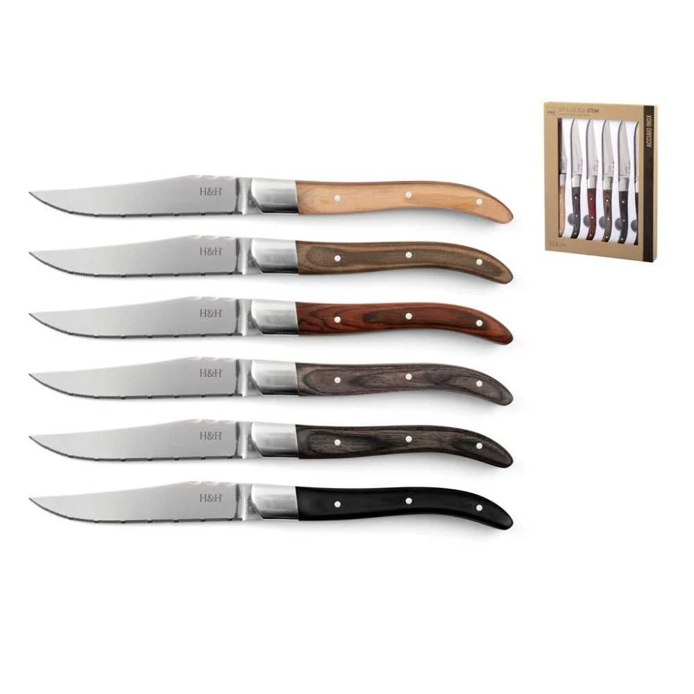 Set 6 Coltelli da Bistecca Acciaio Inox con Manico Legno Naturale