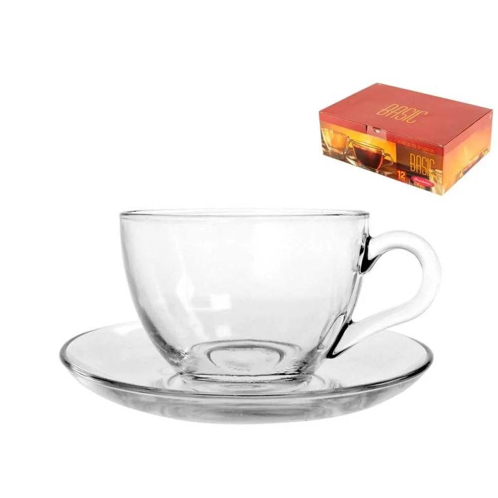 Set 6 Tazze da Tè in Vetro Basic con Piattini Eleganti