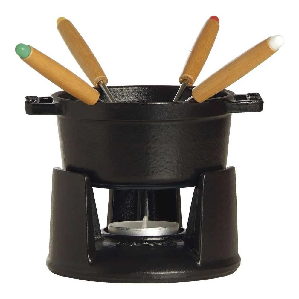 Set Fonduta 7 Pezzi Staub in Ghisa Nera 10 cm – Pentola Fonduta Staub