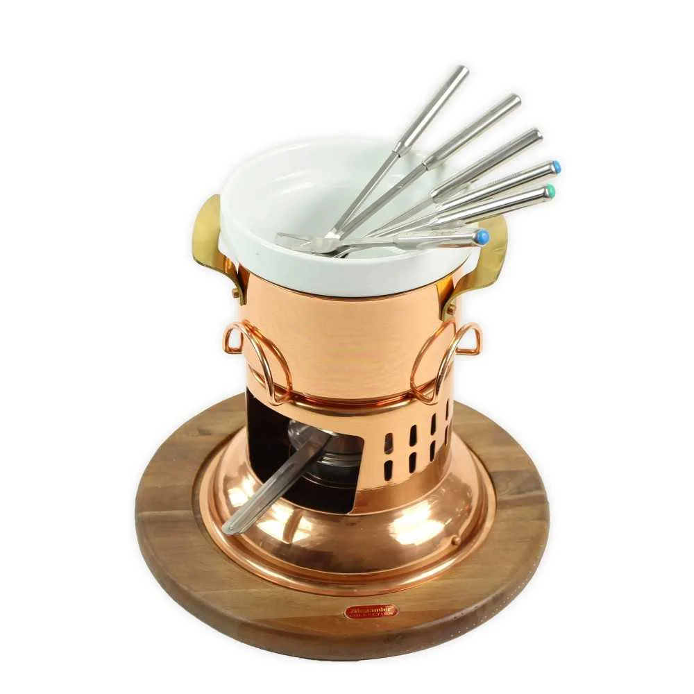 Set Fonduta per Cioccolato in Rame con Base in Legno 24 cm – Fonduta Cioccolato Rame
