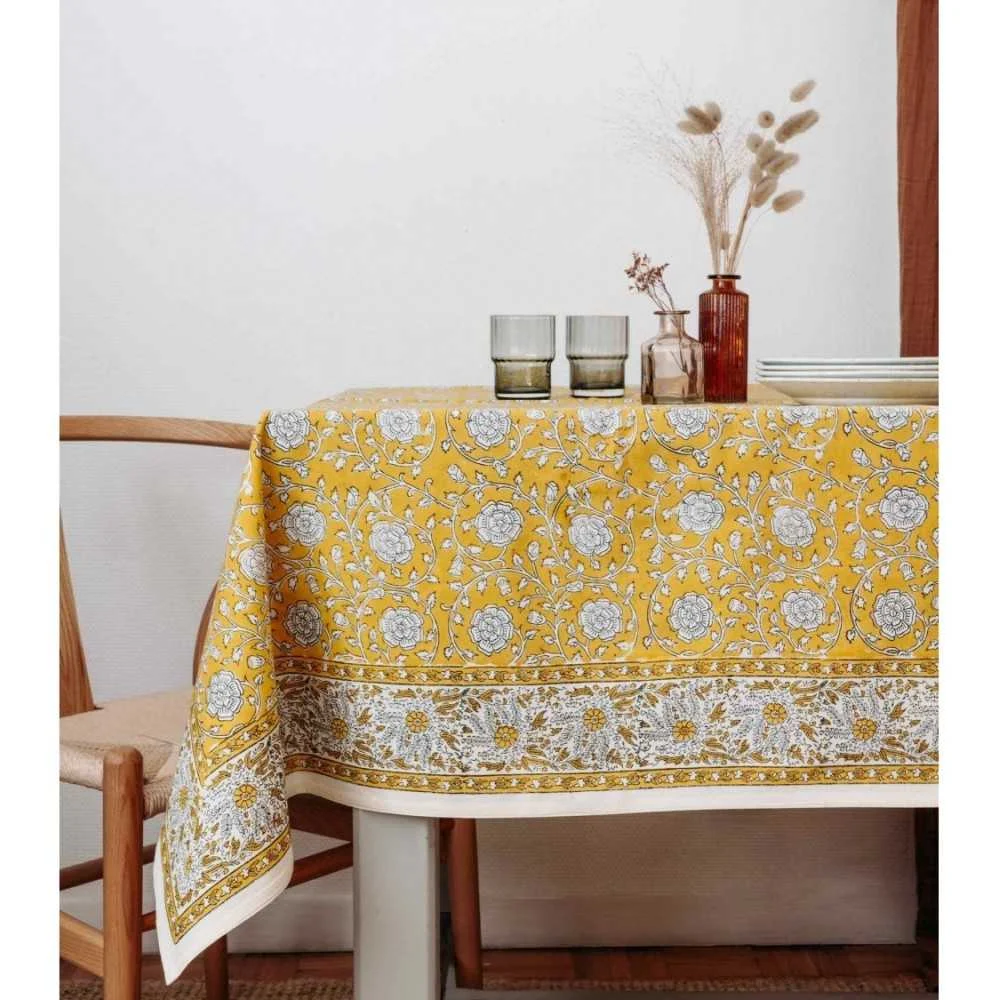 Tovaglia floreale gialla 170x300 cm in cotone artigianale