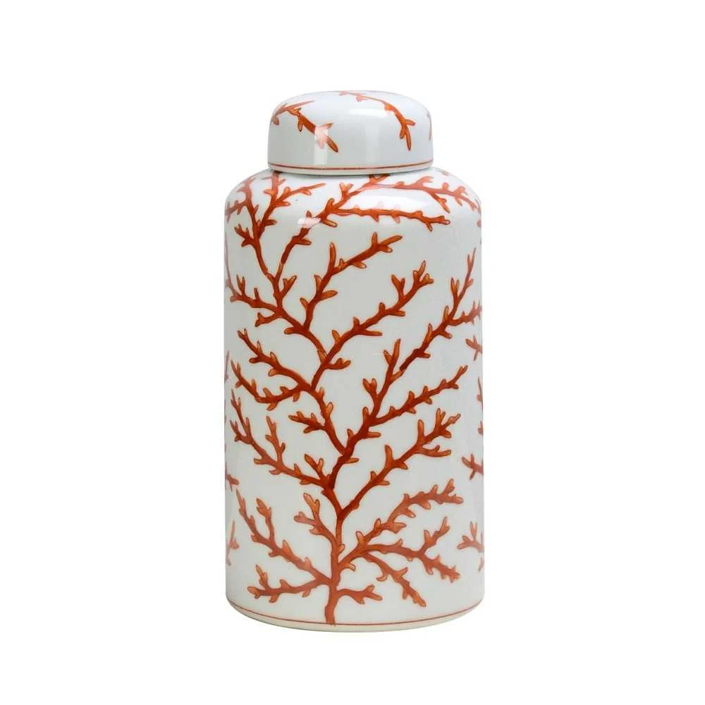 Vaso Bianco con Decorazioni Corallo e Coperchio