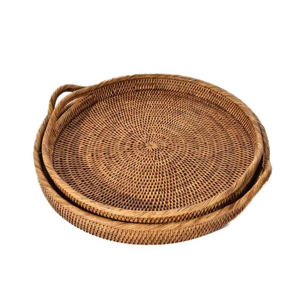 Vassoio tondo con manici in rattan Ø46x5 cm